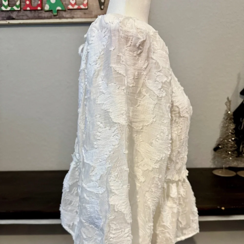 Free People Callie‎ Puff Sleeve Appliqué Top Open Tie Back Women's Size M N